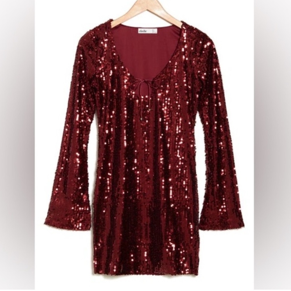 ELODIE Style Long Sleeve Sequin Mini Dress Burgundy NWOT SZ XXL